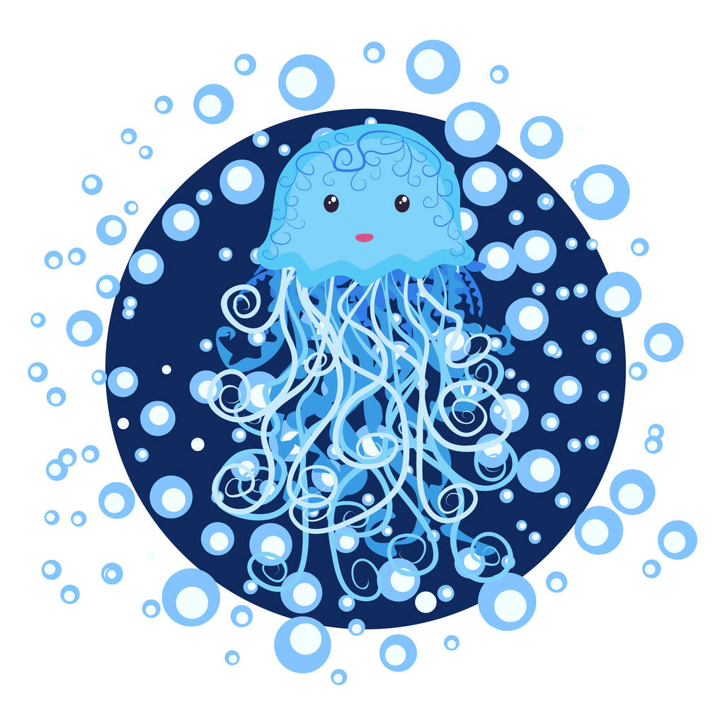 Смешная рука медузы нарисована среди пузырей воды. Симпатичная морская жизнь, скандинавский стиль, подробный. - Вектор,изображение