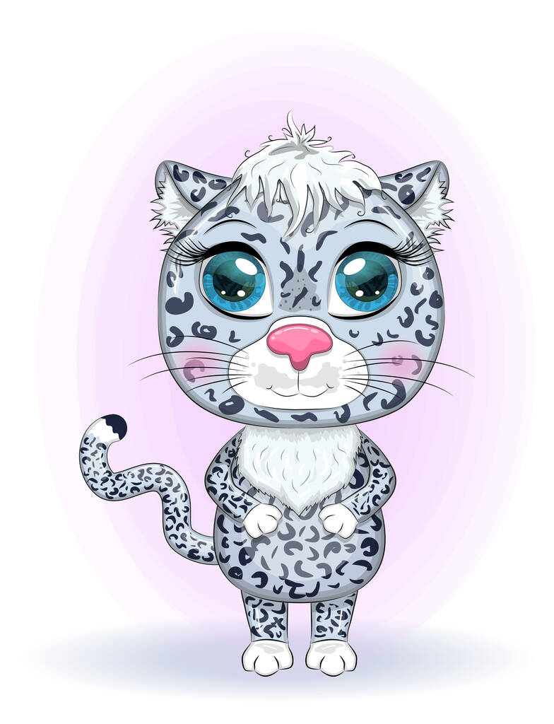 Kreslený sněžný leopard s výraznýma očima. Wild animals, character, childish cute style - Vektor, obrázek