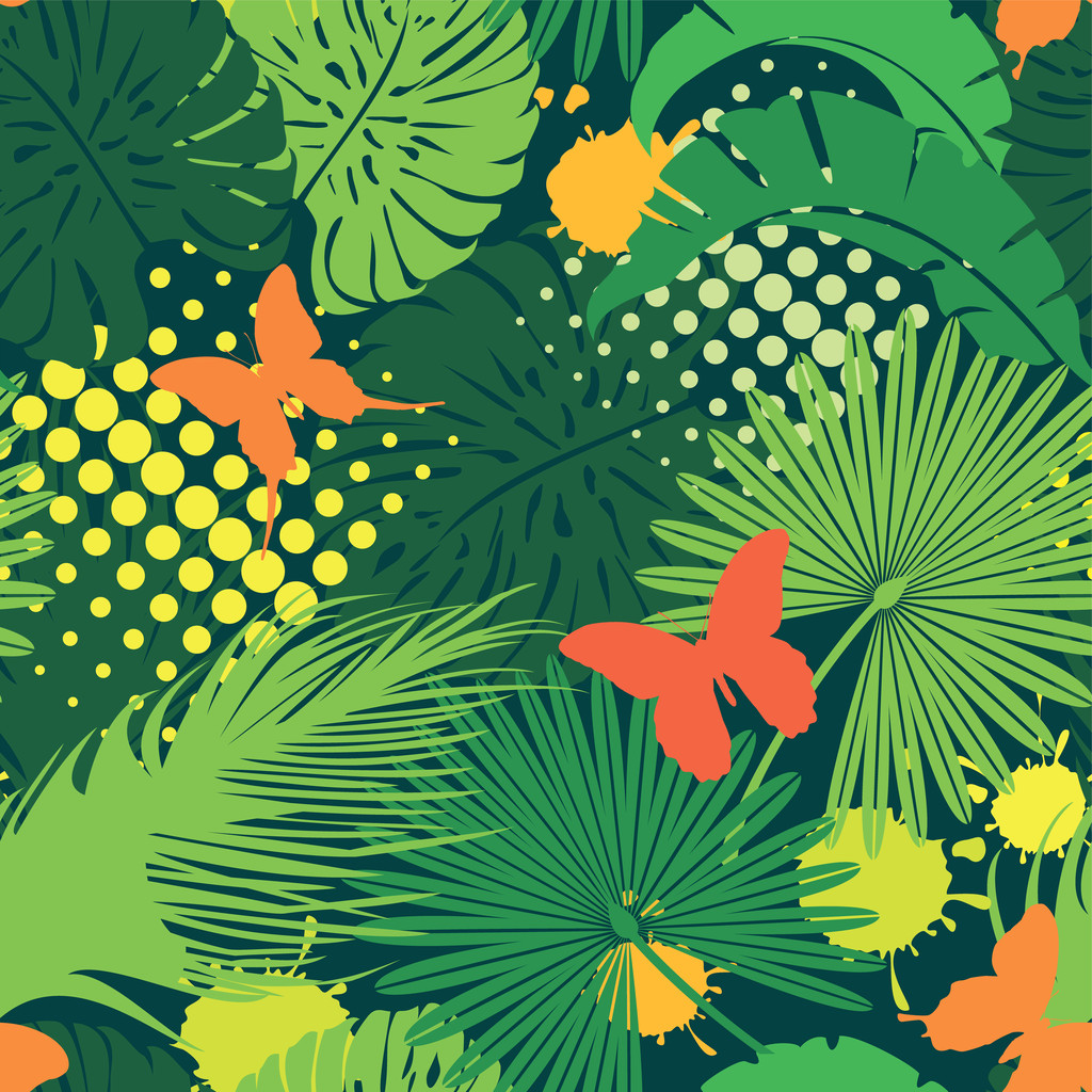 Безшовний візерунок з листям пальмових дерев та метеликами. Готовий т
 - Вектор, зображення