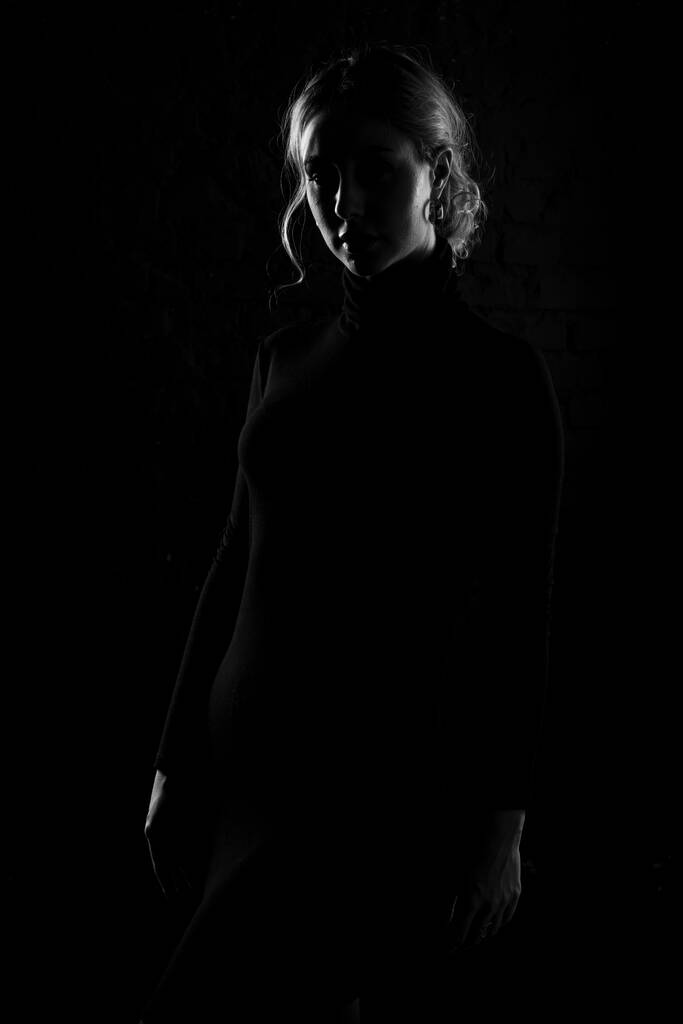 Czarno-biała sylwetka pięknej kobiety na ciemnym tle. - Zdjęcie, obraz