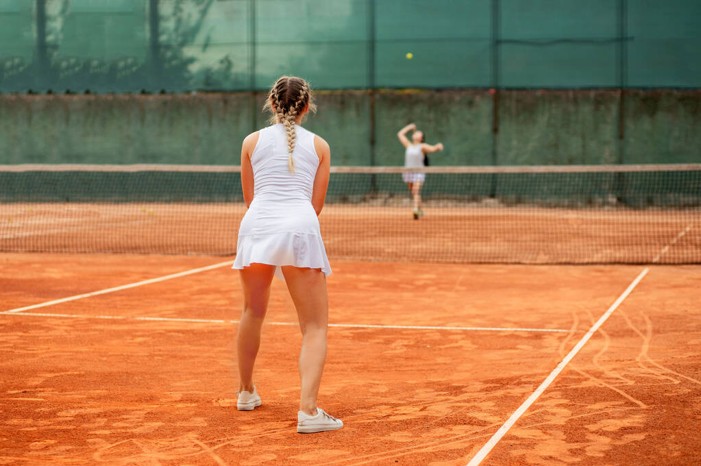 晴れた日に粘土テニスコートでテニスをするプロのテニス選手 - 写真・画像