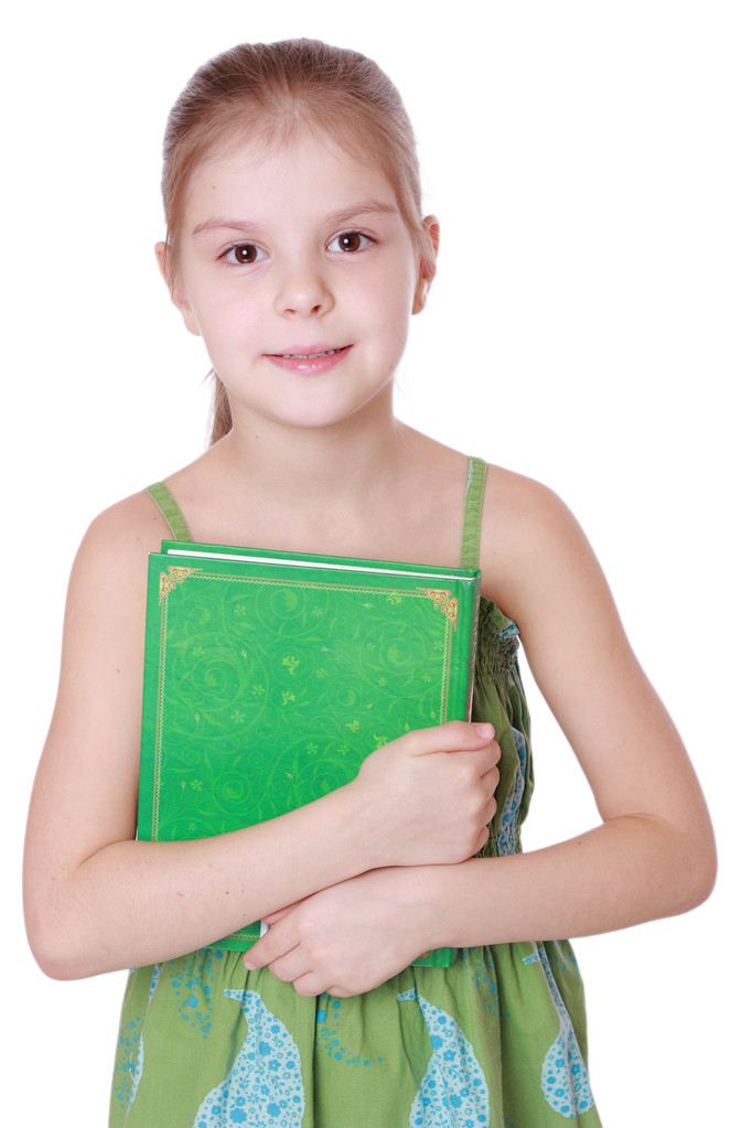 女の子ホールディング緑ビッグブック - 写真・画像