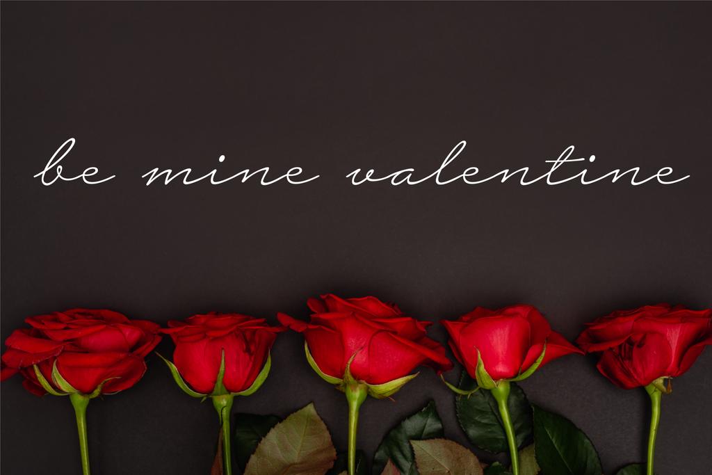 vrchní pohled na červené růže v blízkosti důlní valentýnské písmo na černé - Fotografie, Obrázek