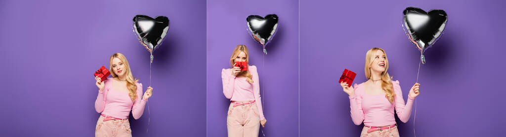 collage of blonde young woman holding heart shaped balloon and gift on purple background, banner - Photo, Image