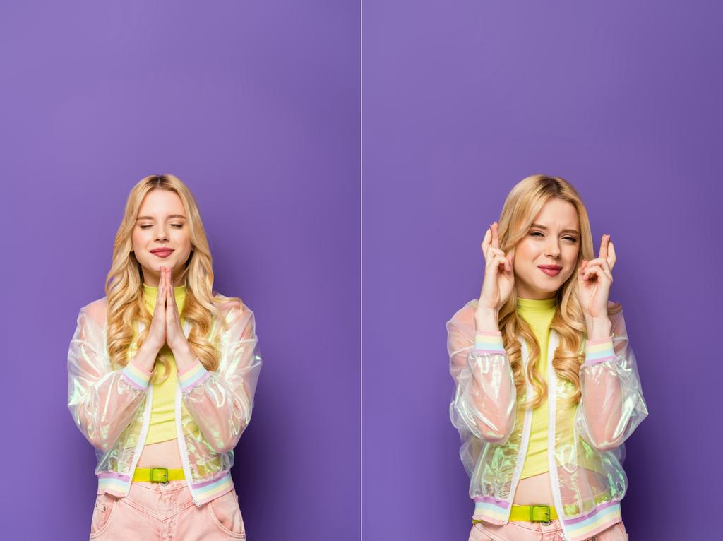 collage of blonde young woman in colorful outfit with crossed fingers and praying hands on purple background - Photo, Image