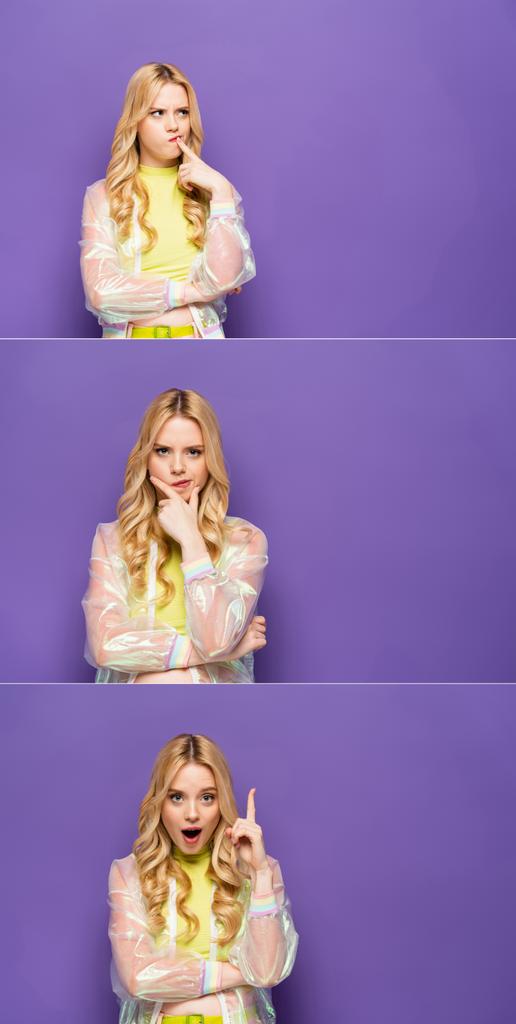 collage di giovane donna bionda pensierosa e stupita in abito colorato su sfondo viola - Foto, immagini