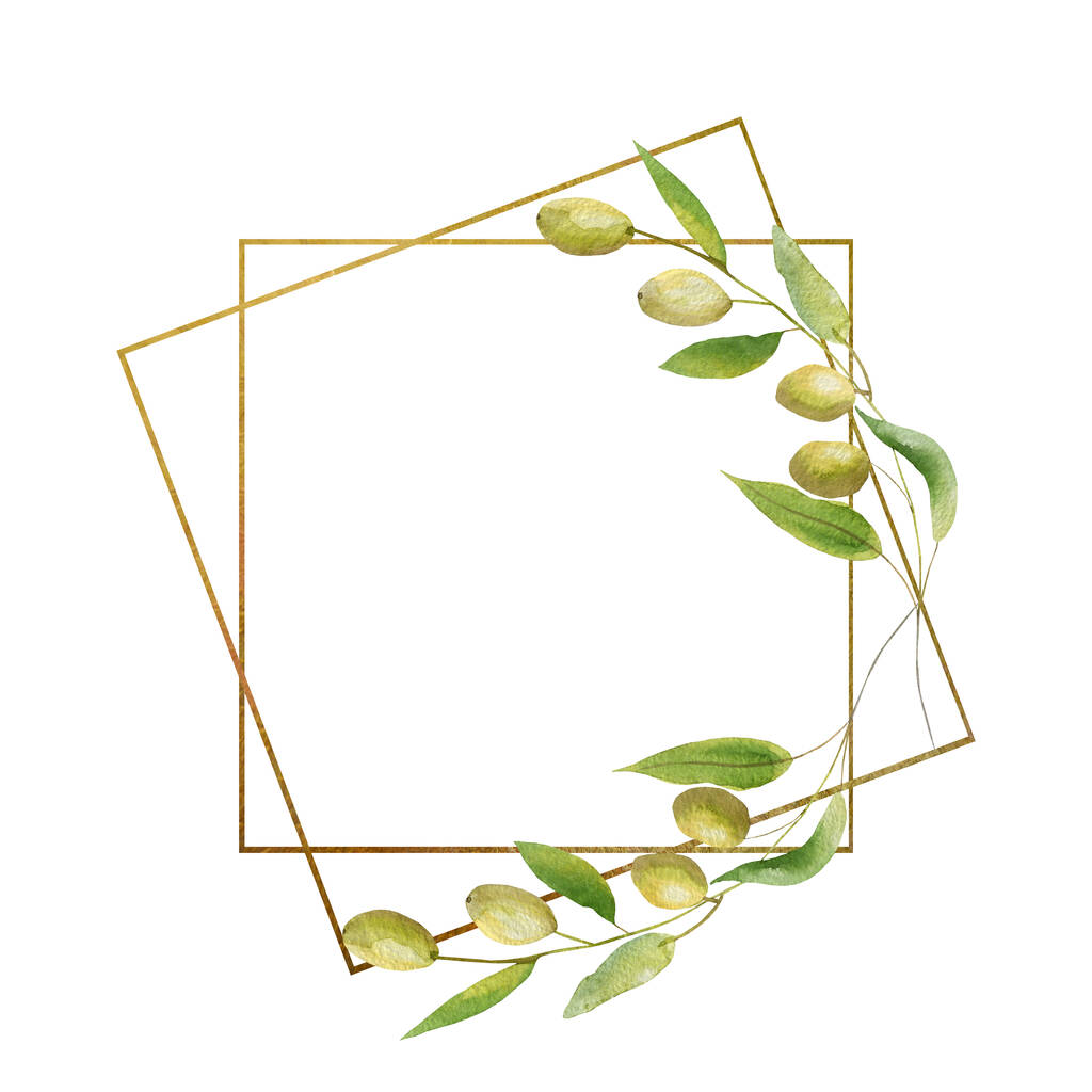 Aquarelle peinte à la main nature cadre carré avec des branches vert olive et la composition des lignes de bordure dorées sur le fond blanc pour inviter et carte de vœux avec espace pour le texte - Photo, image