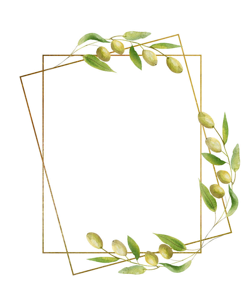 Акварель ручної роботи розфарбована природою рамка з зеленими оливками і листям на гілці букета і золотими кордонами композиція на білому тлі для запрошення і вітальні листівки з простором для тексту
 - Фото, зображення