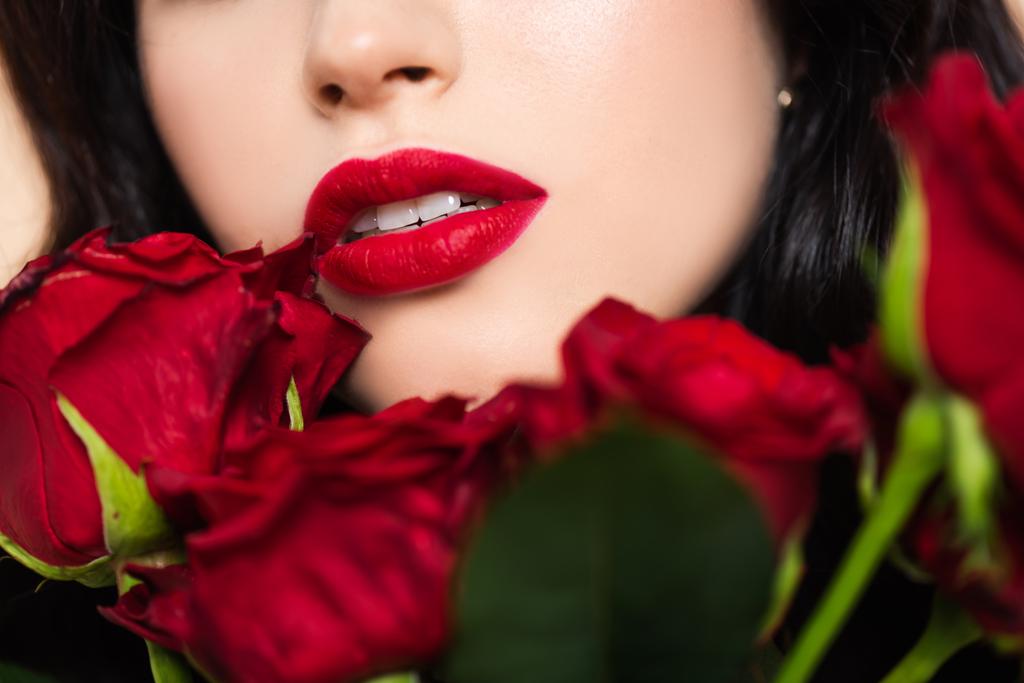 Nahaufnahme einer jungen Frau mit fast roten Rosen  - Foto, Bild