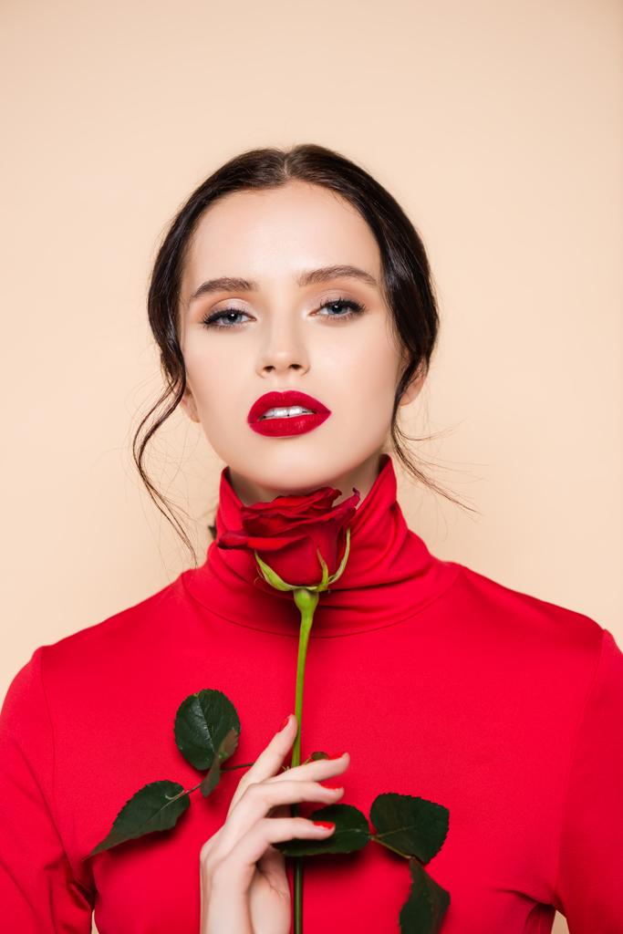 fiatal érzéki nő piros ajkak tartó piros rózsa és nézi kamera elszigetelt rózsaszín - Fotó, kép