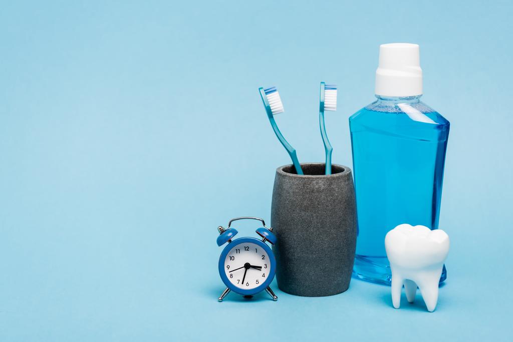Small clock near toothbrushes, mouthwash and tooth model on blue background - Photo, Image