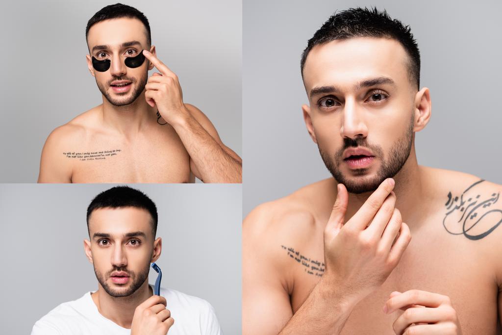 collage of young tattooed hispanic man applying eye patches, touching chin and shaving isolated on grey - Photo, Image