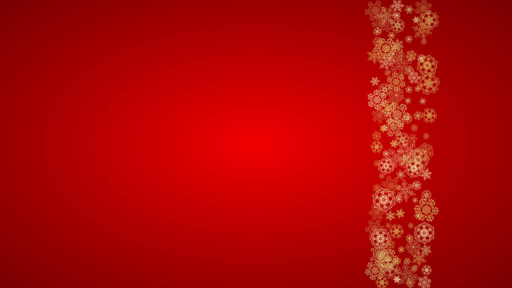 Vánoční vločky na červeném pozadí. Horizontální třpytivý rám pro zimní banner, dárkový kupón, voucher, reklamy, party event. Santa Claus barva se zlatými vánočními vločkami. Padající sníh na dovolenou - Vektor, obrázek
