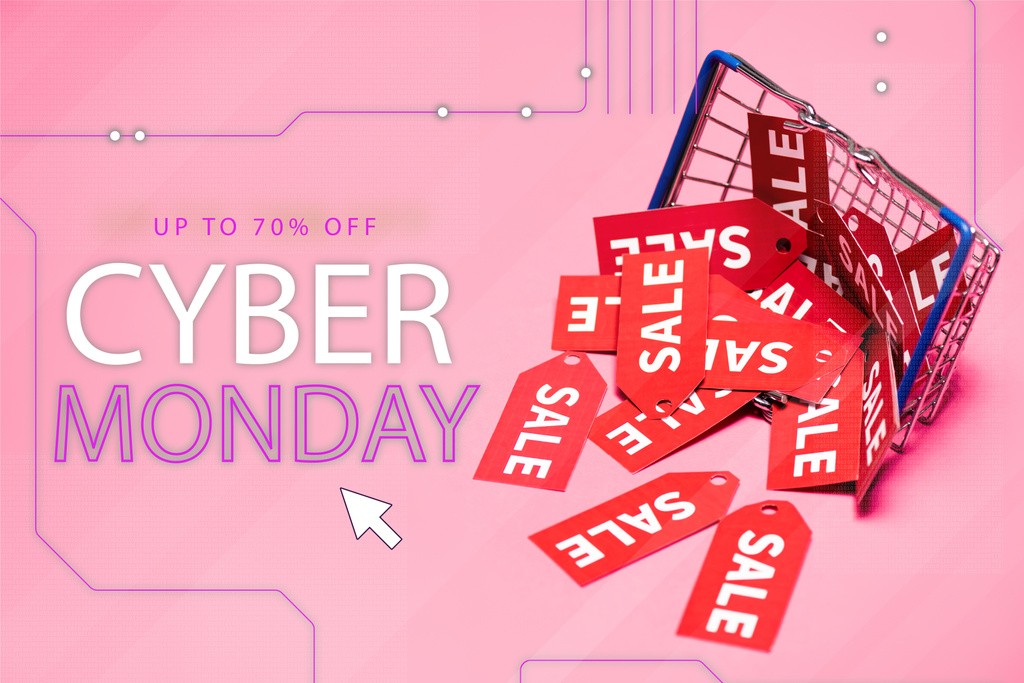 myynti tunnisteet lähellä ostoskoria ja jopa 70 prosenttia pois, cyber maanantai kirjoitus vaaleanpunainen, musta perjantai käsite - Valokuva, kuva