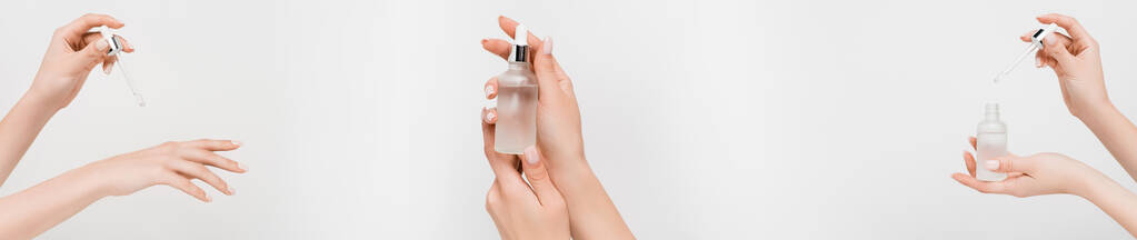 collage de mujer sosteniendo el frasco con suero y pipeta aislados en blanco - Foto, imagen