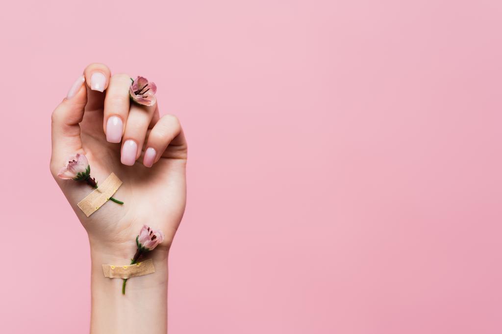 vakolatok virágokkal női kéz elszigetelt rózsaszín - Fotó, kép