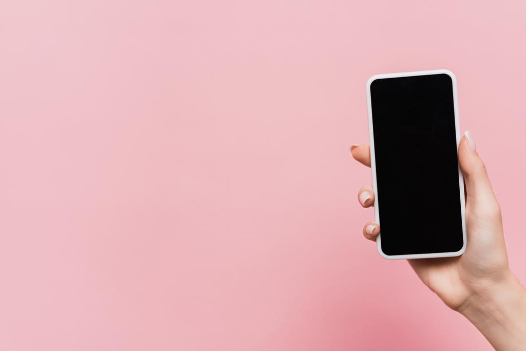 περικοπή άποψη της γυναίκας κρατώντας smartphone με λευκή οθόνη στο χέρι απομονώνονται σε ροζ - Φωτογραφία, εικόνα
