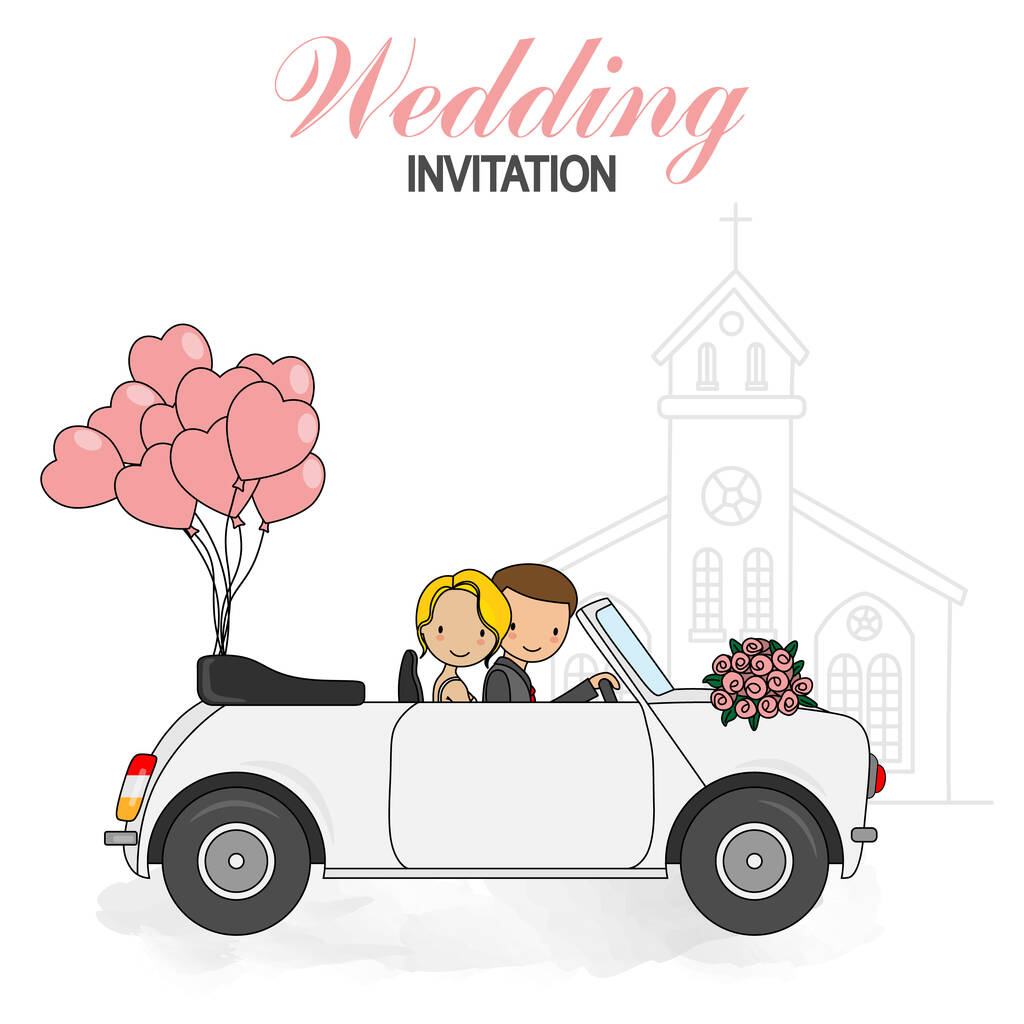 Весільна листівка з запрошенням. Наречений і наречений у весільній машині. Ізольований вектор - Вектор, зображення