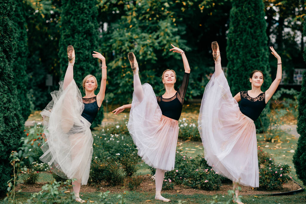 Három női balerina táncol és pózol a gyönyörű parkban bokrokkal és virágokkal.. - Fotó, kép