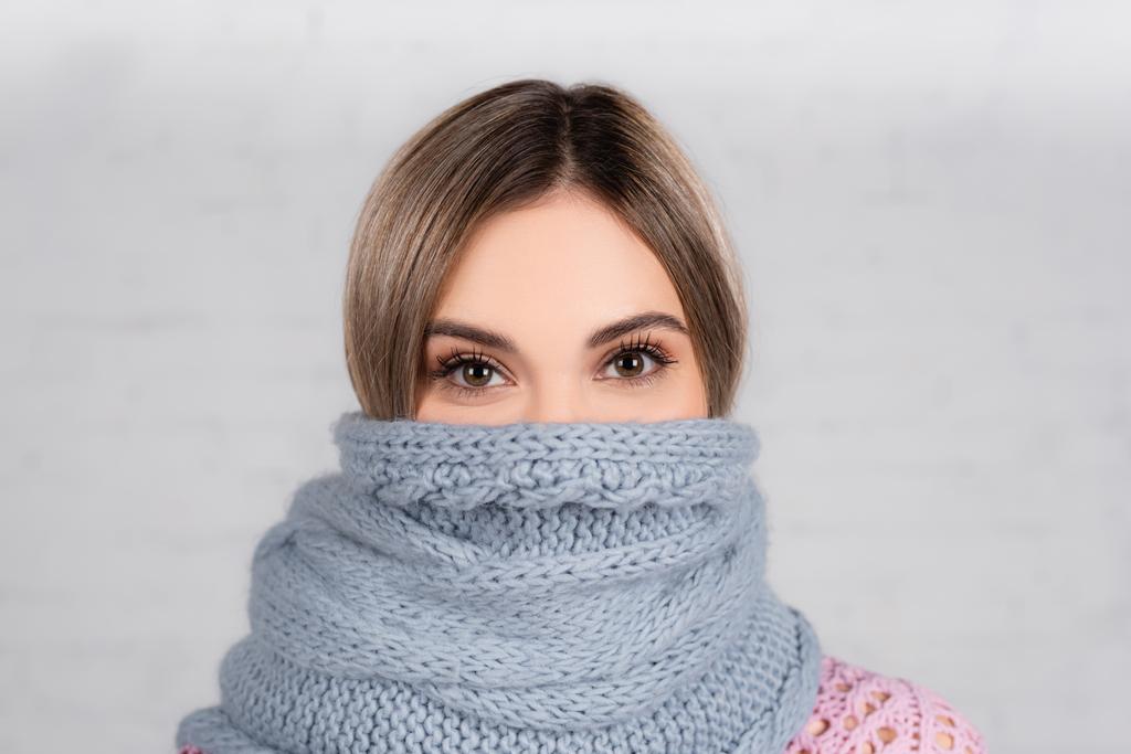 Young woman wrapped in knitted scarf looking at camera on grey background - 写真・画像