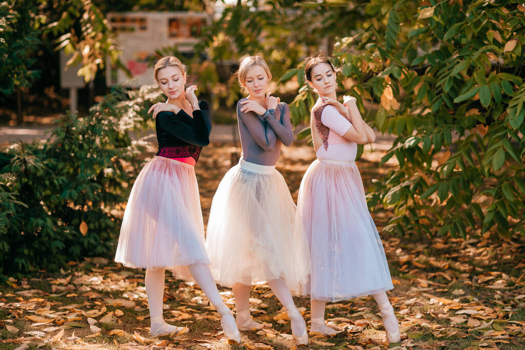 Три балерины позируют и танцуют в красивом парке. - Фото, изображение