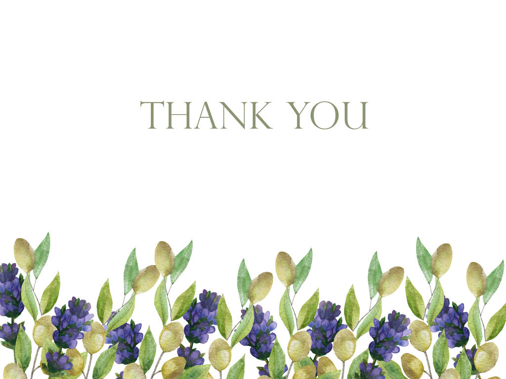 Akvarell kézzel festett természet provence összetétele zöld olajbogyó, levelek ágon és lila levendula virág csokor köszönöm szöveg a fehér háttér üdvözlő kártya design - Fotó, kép