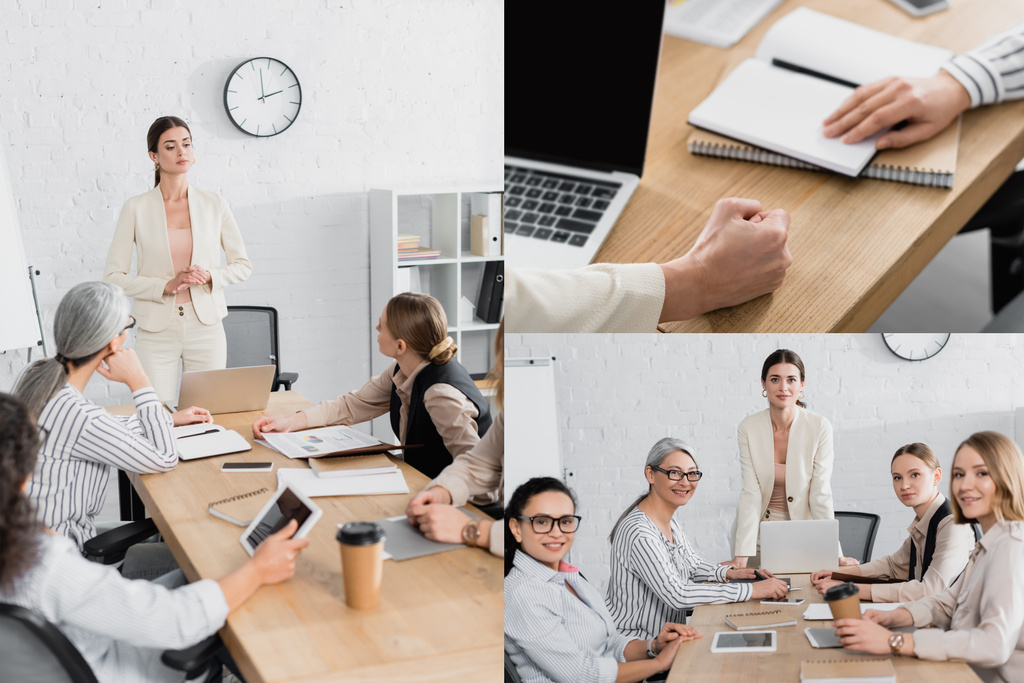 Collage eines Teamleiters, der bei einem Treffen im Büro neben multikulturellen Geschäftsfrauen steht  - Foto, Bild