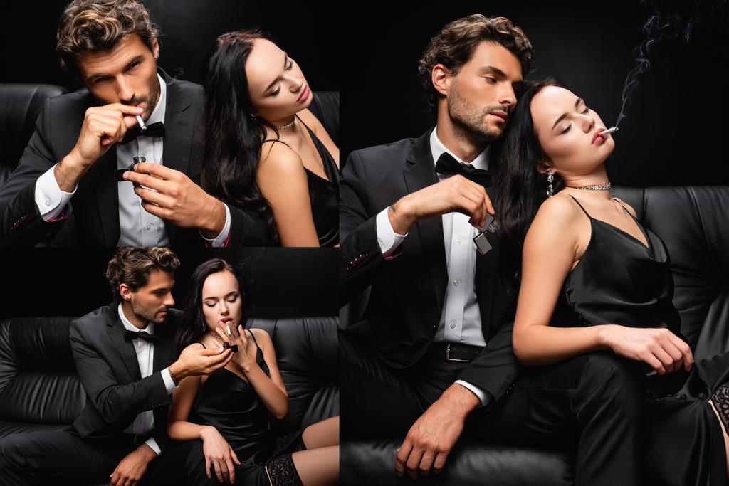 collage d'élégant couple passionné fumant tout en étant assis sur le canapé en cuir sur noir - Photo, image