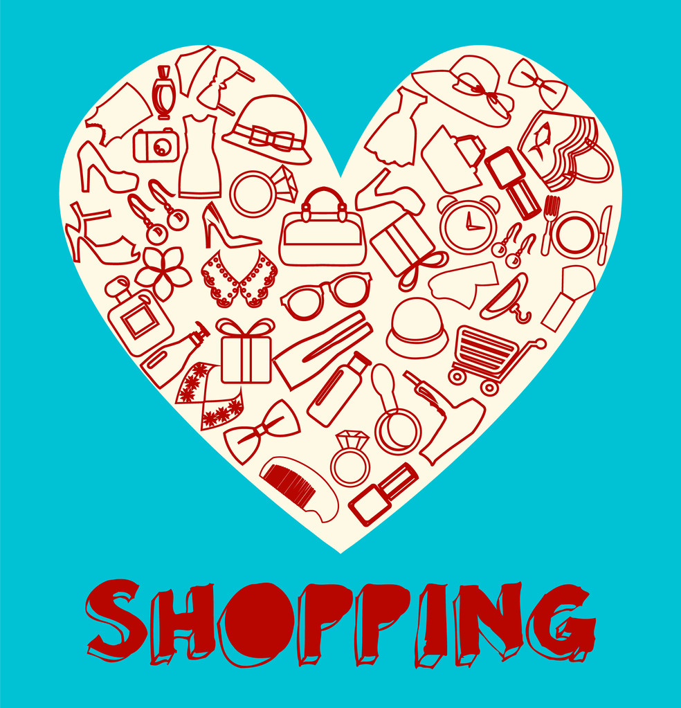 Shopping-Icon-Set gefüllt mit Herz-Illustration - Vektor, Bild