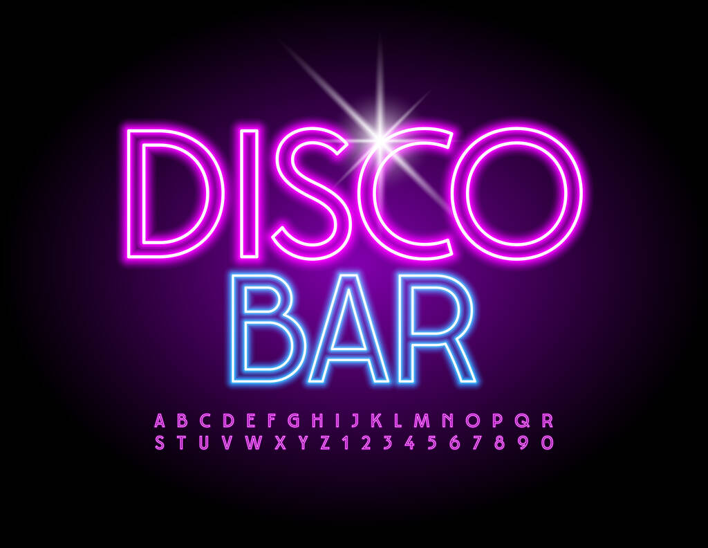 Vector neon banner Disco Bar. Helder licht lettertype. Verlichte letters en cijfers van het led-alfabet - Vector, afbeelding