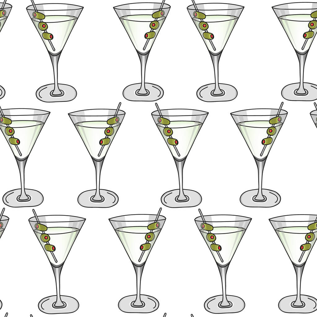 Nahtloses Glas mit Dry-Martini-Cocktail und Oliven auf weißem Hintergrund. Handzeichnender Alkoholcocktail. Vektorillustration im Cartoon-Stil. - Vektor, Bild