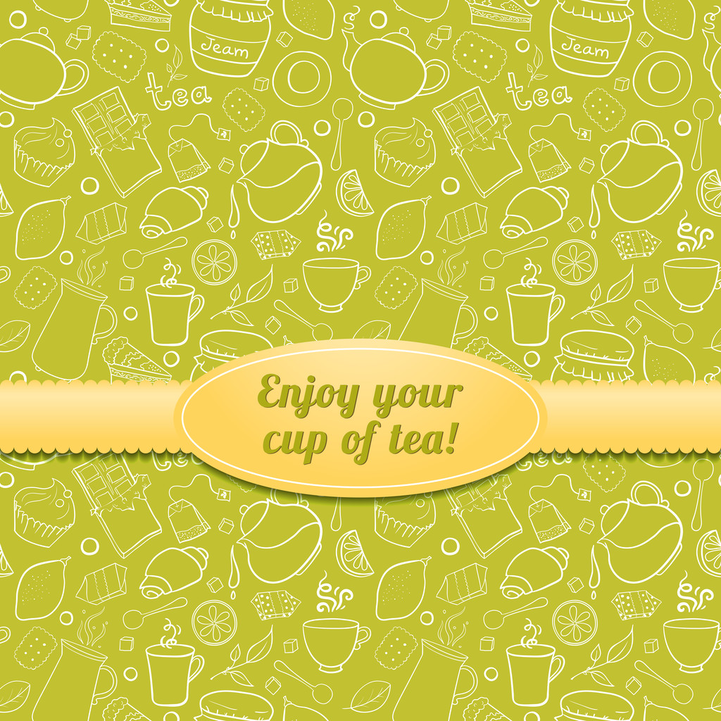 Tea and sweets seamless pattern with label - Vector, Image