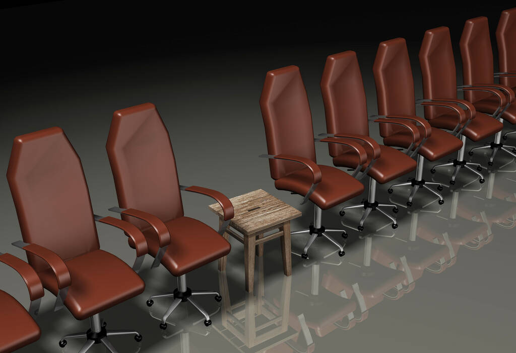 Политическое кресло находится в том же ряду за столом, а перед ними старый стул. 3d-рендеринг. - Фото, изображение