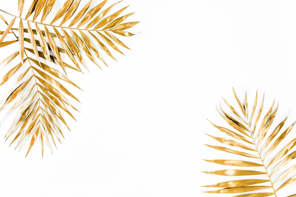 Folhas de palmeira tropical dourada sobre fundo branco. Flat lay, vista superior conceito mínimo. - Foto, Imagem