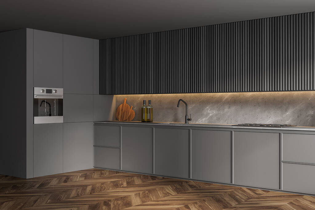 Houten en grijze keukenhoek met grijze muren, houten vloer en ingebouwde gootsteen en fornuis. 3d destructie - Foto, afbeelding