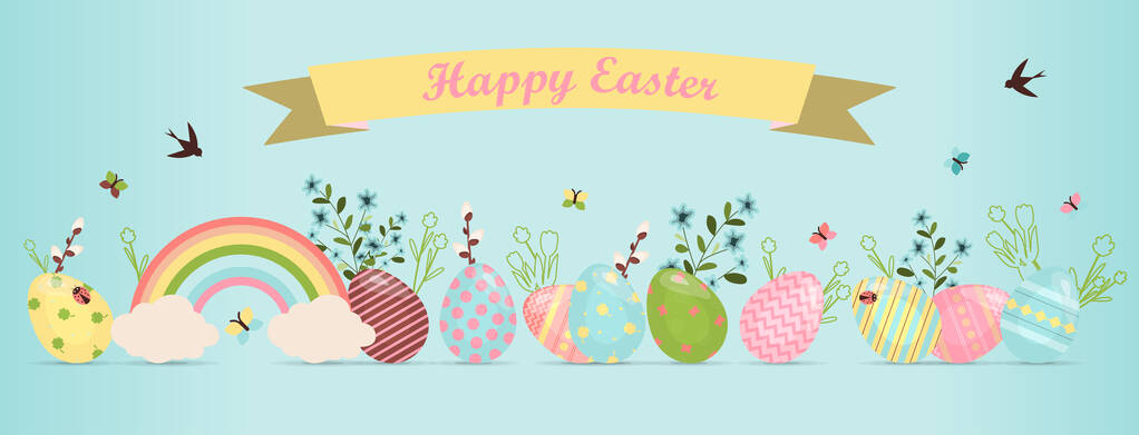 Una serie di uova di Pasqua brillantemente dipinte. Illustrazione vettoriale con un augurio di buona Pasqua. Design piatto con lepri, farfalle, fiori e arcobaleni. Modello di cartolina, invito, annuncio o banner - Vettoriali, immagini
