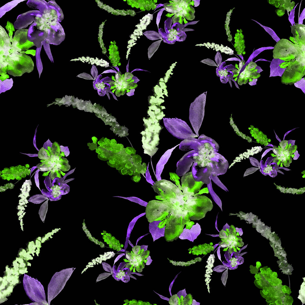 Υδατογραφία αδιάλειπτη μοτίβο με ζωγραφισμένα στο χέρι λουλούδια σε μαύρο. Λαμπερή ανοιξιάτικη ή καλοκαιρινή εκτύπωση για οποιοδήποτε σκοπό. Διακοσμητικό σχέδιο λουλουδιών. Πολύχρωμο φόντο της φύσης. - Φωτογραφία, εικόνα