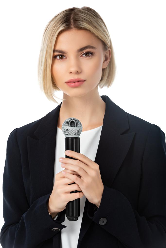 young blonde news anchor with microphone looking at camera isolated on white - Photo, Image