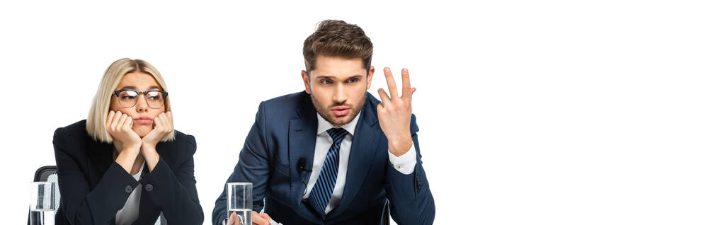 обескураженный вещатель жестом почти расстроен коллега изолирован на белом, баннер - Фото, изображение