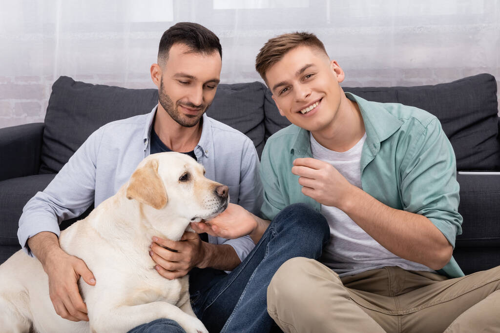 homoseksuele man kijken naar camera in de buurt van echtgenoot knuffelen labrador in woonkamer - Foto, afbeelding