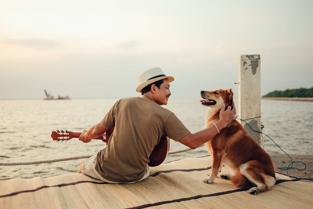 Un uomo indossa cappello di paglia e suonare la canzone di musica chitarra vicino al tramonto del mare e accarezzando il capo cane animale domestico - Foto, immagini