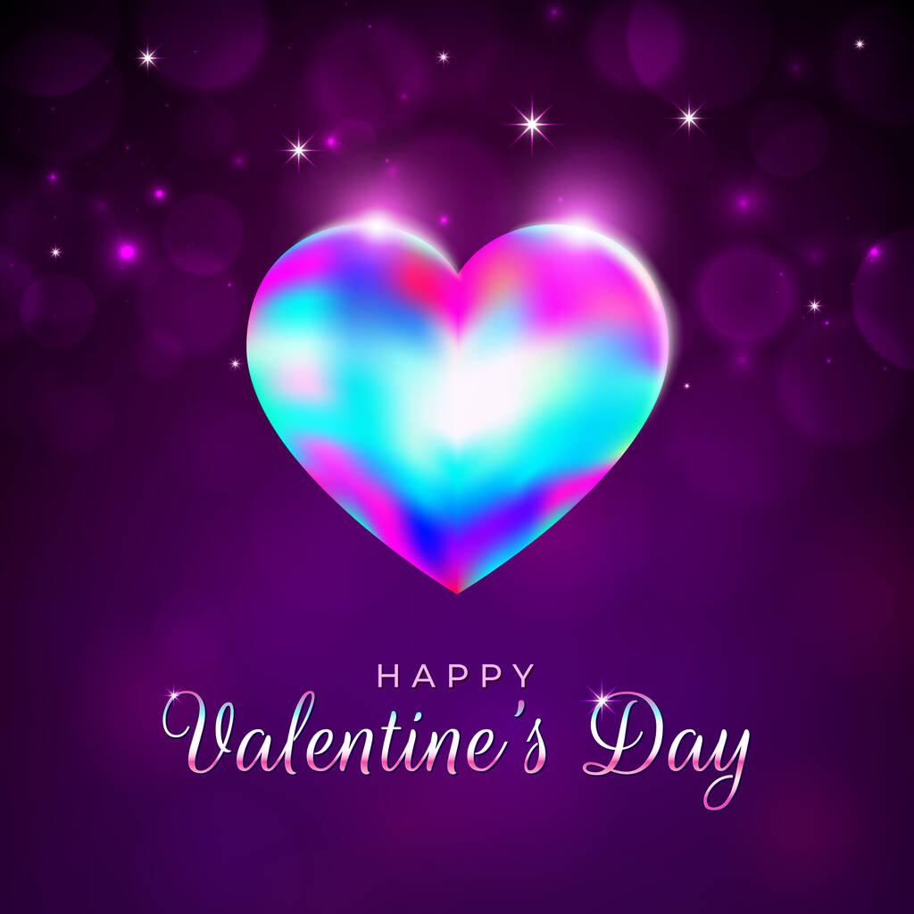 Открытка на день Святого Валентина, радуга, сияющее сердце на пурпурном фоне, фиолетовый фон с яркими огнями. С Днем Святого Валентина. Приглашение на валентинки с сердечками. С любовью. Декоративный дизайн. Вектор - Вектор,изображение