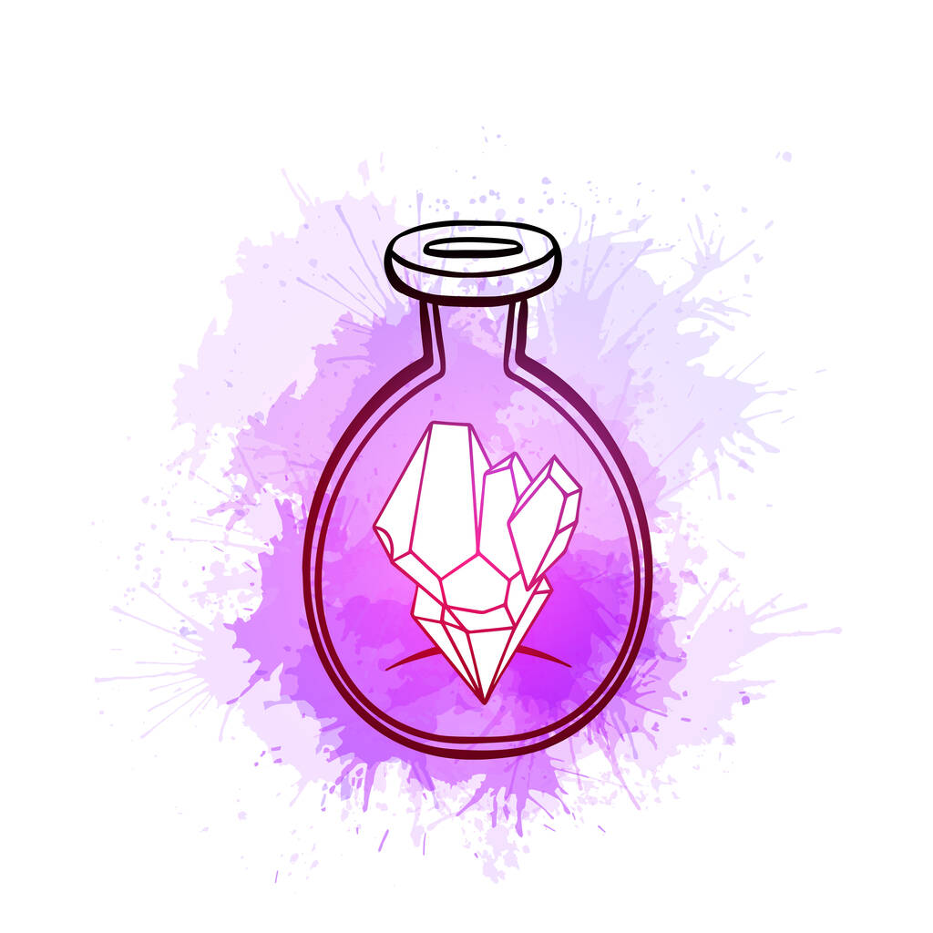 Umriss runde magische Glasflasche mit Edelsteinen im Inneren und violetten Aquarell-Spritzern. Kontur bezaubernder Fläschchen für Postkarten, Banner und Ihre Kreativität. - Vektor, Bild