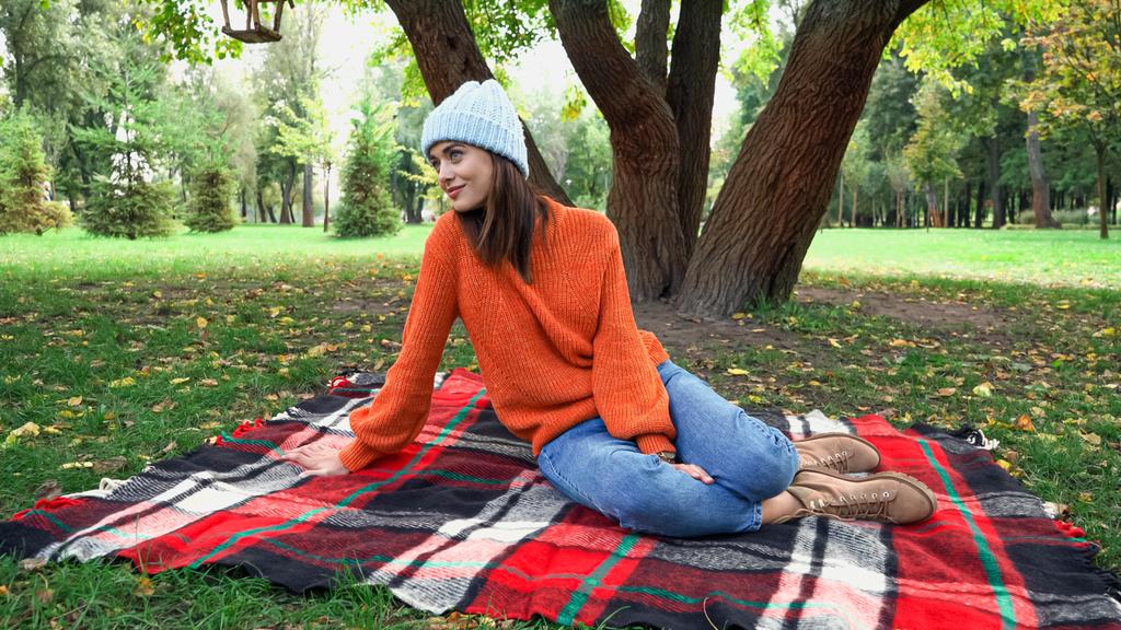 νέα μοντέρνα γυναίκα κοιτάζει μακριά, ενώ στηρίζεται σε καρό κουβέρτα στο πάρκο - Φωτογραφία, εικόνα