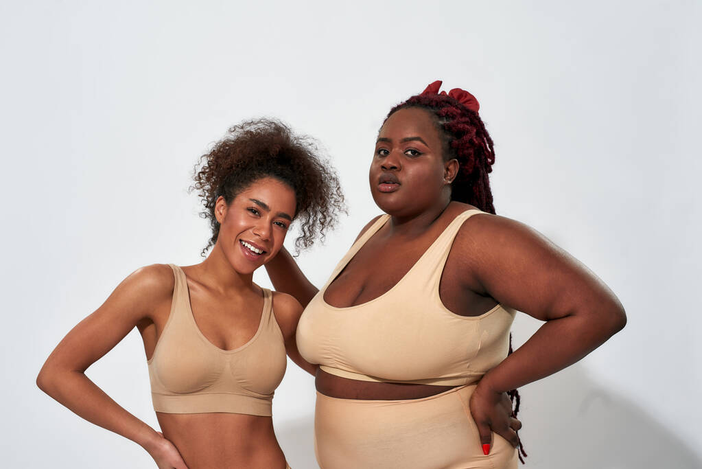 Hoikka ja pullea nuoria naisia poseeraa alusvaatteet - Valokuva, kuva