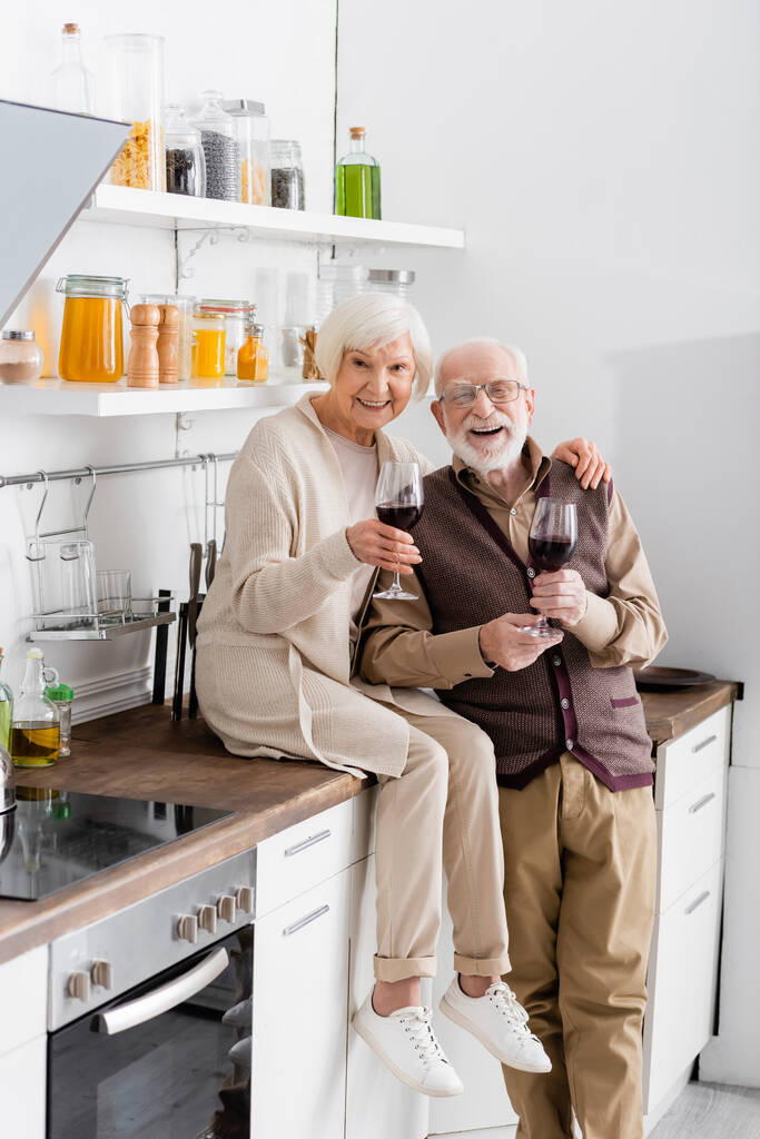 Kırmızı şarabın üstünde gözlük tutan ve mutfaktaki kameraya bakan neşeli yaşlı çift.  - Fotoğraf, Görsel