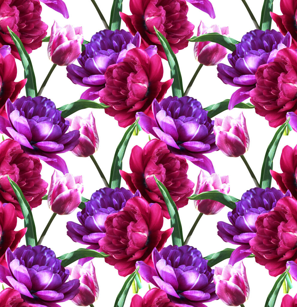 Элегантный бесшовный узор с цветами тюльпана, элементами дизайна. Цветочный узор для приглашений, поздравительных открыток, скрапбукинга, печати, подарочной упаковки, производства, текстиля  - Фото, изображение