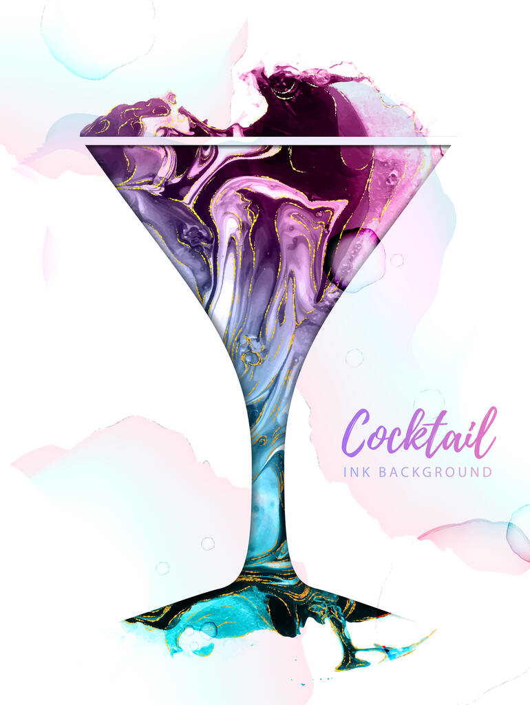 Καλλιτεχνική σιλουέτα compoliatn cocktail με υφή μελανιού αλκοόλης. Πλαίσιο μαρμάρινης υφής - Διάνυσμα, εικόνα