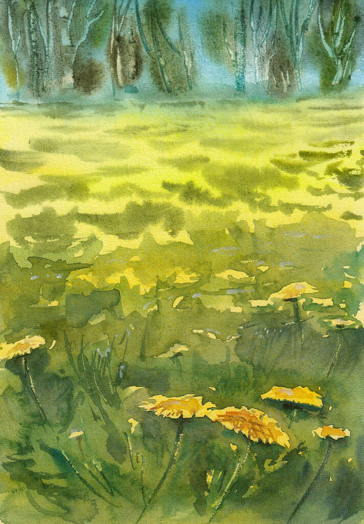 Prairie avec beaucoup de pissenlits jaunes. Dessin à la main en aquarelle sur papier blanc - Photo, image
