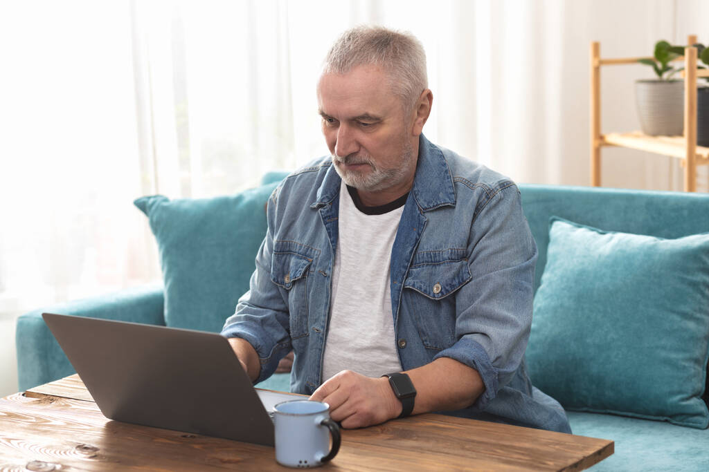 Volwassen man met grijs haar zittend op de bank thuis en werkend op laptop - Foto, afbeelding